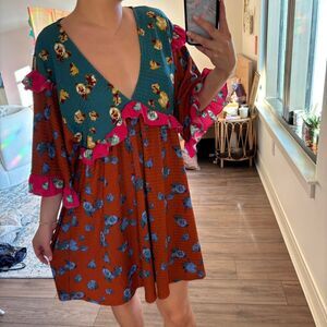 Anthropologie Ruffled Sleep Mini Dress with unique S pink and blue flared